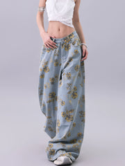 【25s Jul.】Vintage Printed Loose Draped Floor-Length Wide Jeans
