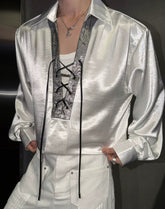 Contrast Lace-Up Satin V-Neck Shirt