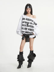 【25s Aug.】All-Over Letter Print Slanted Shoulder Sweatshirt