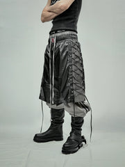 【25s Jul.】Tie-straps Glossy Coating Stitching Honeycomb Mesh Cropped Shorts