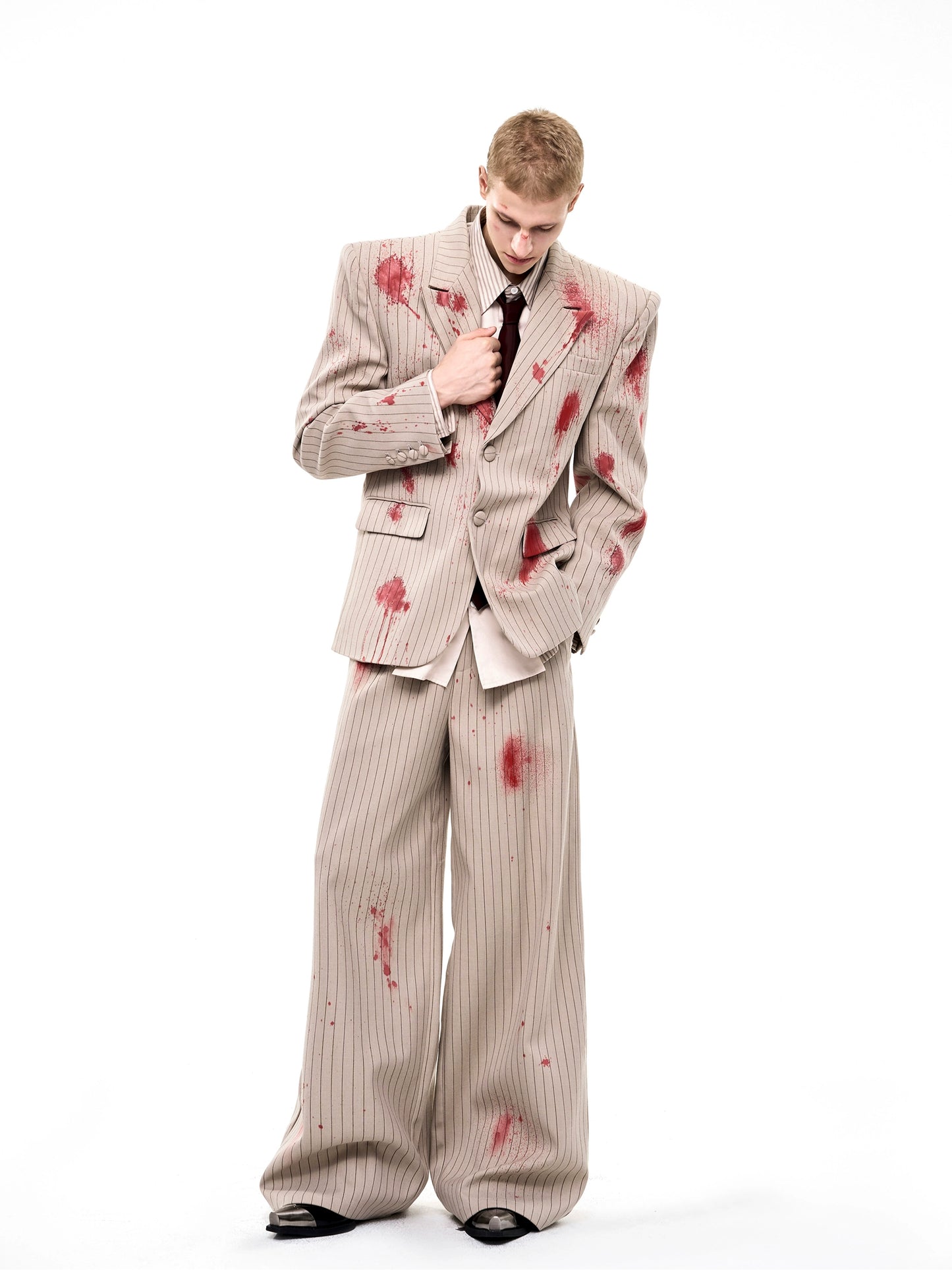 Elegant Bloodstained Vertical Striped Suit