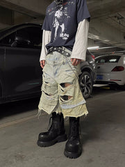 【25s Jun.】Double Waistband Dirty Wash Distressed Denim Shorts