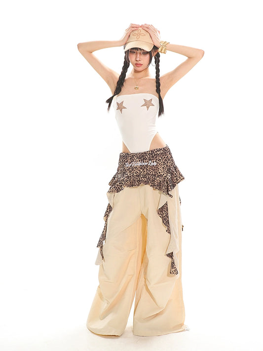 【25s Jun.】Vintage Leopard Ruched Parachute Cargo Pants