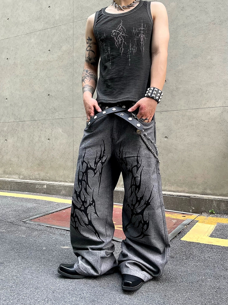 【25s Jun.】Vintage Washed Distressed Colorblock Thorn Print Jeans