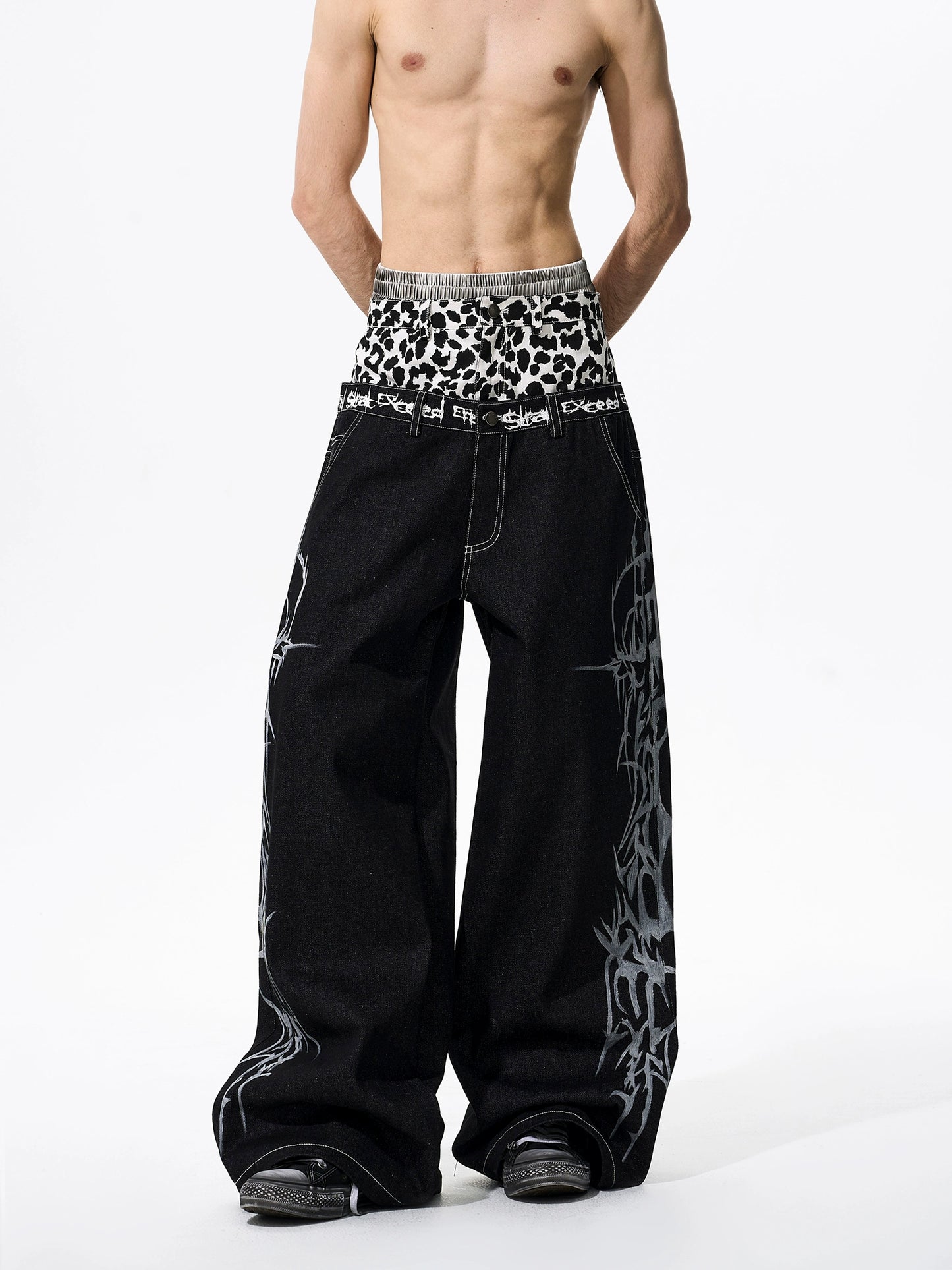Hand-painted Thorn Leopard Print Double Waistband Jeans