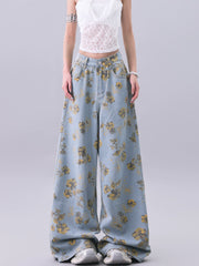【25s Jul.】Vintage Printed Loose Draped Floor-Length Wide Jeans