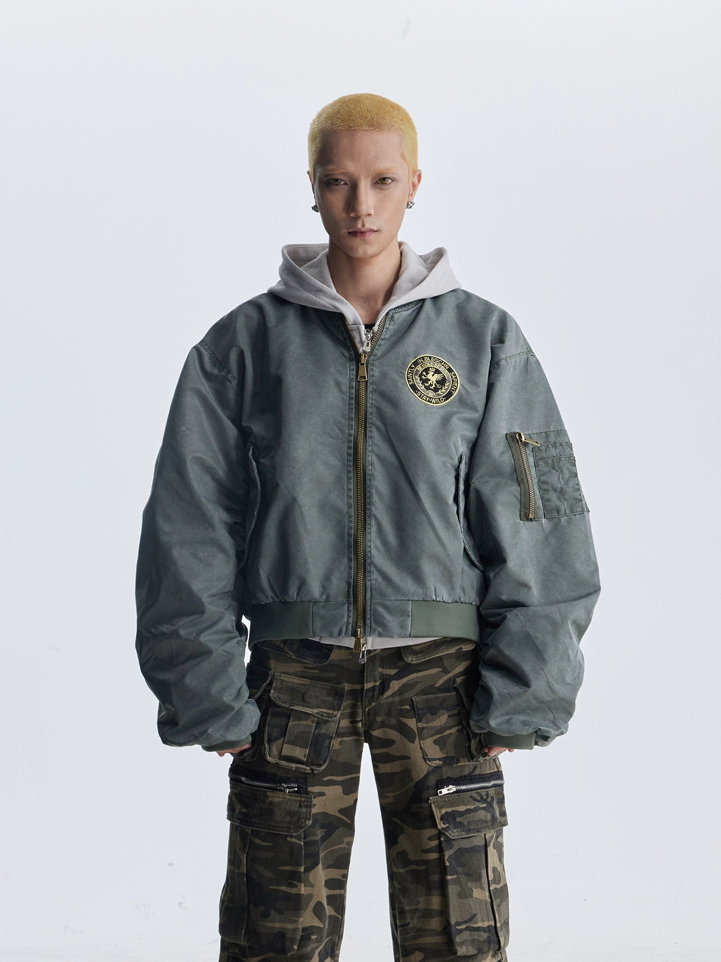 【25s Aug.】Distressed Washed Loose Bomber Jacket