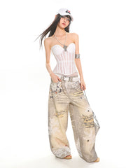 【25s Jun.】Burnout Lace Print Chain Detail Jeans