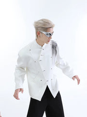 【26s Jan.】Ink-Splashed Stand Collar Metal-Detail Blazer Jacket