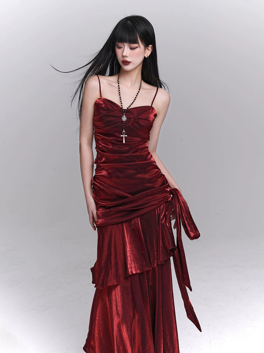 【25s Jul.】Dark Red Strap Evening Dress