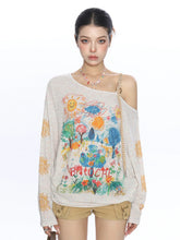 【26s May】Graffiti Sketch Asymmetric Shoulder Long Sleeve Top