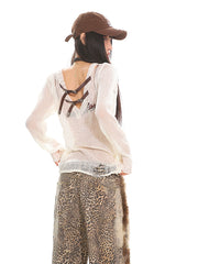 【25s Jul.】Vintage Belt Buckle Cutout Distressed Letter Sheer Cover-Up Top