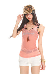 【25s Jun.】"Rhinestone Letter Mesh Cut-Out Tank"