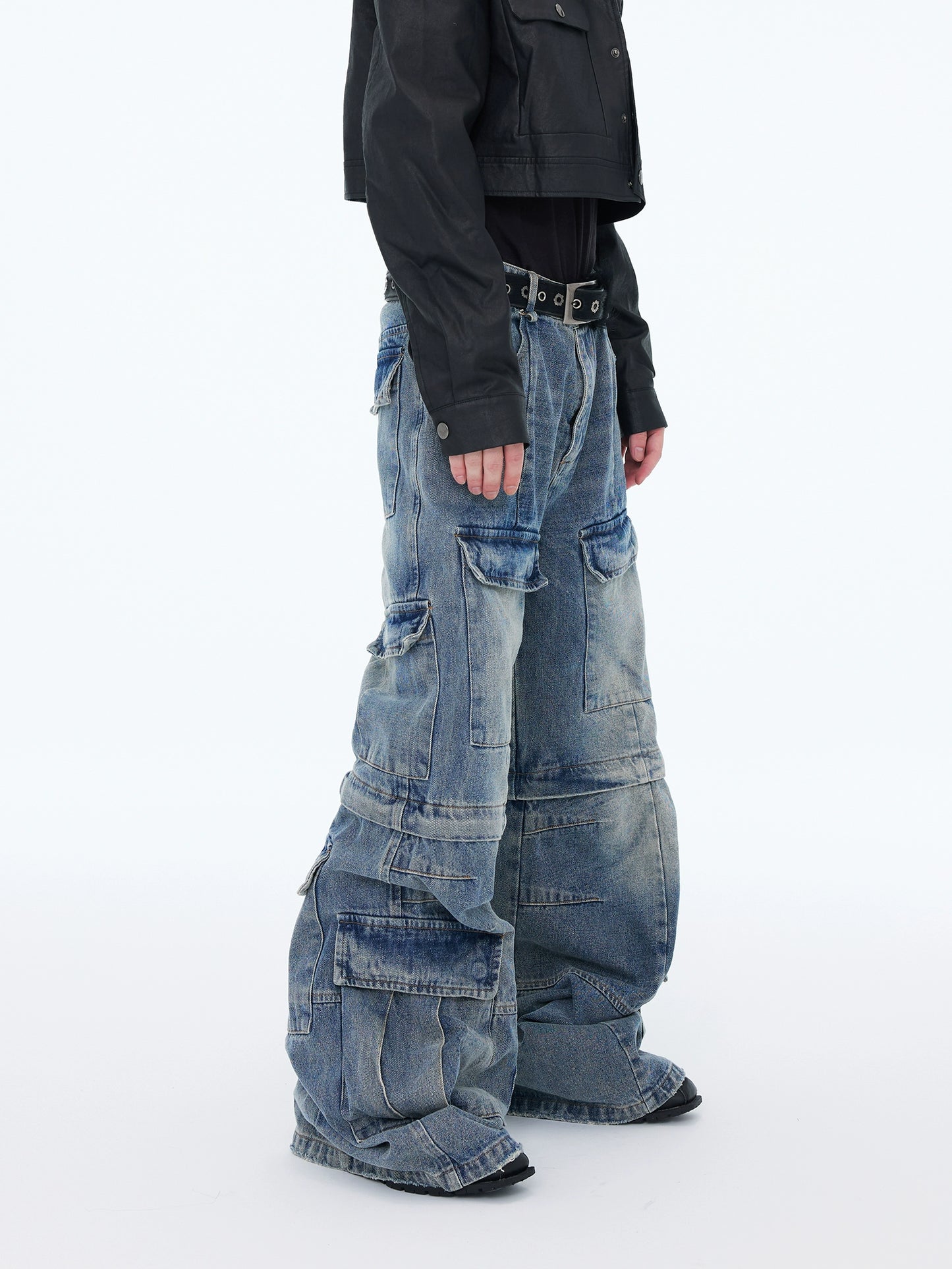【25s Aug.】Washed Detachable Multi-Pocket Wide-Leg Jeans
