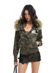 【25s Nov.】Detachable Fur-trimmed Camouflage Hooded Jacket