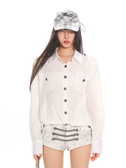 【25s Jul.】Vintage Collared Long Sleeve Shirt + Faded Studded Shorts