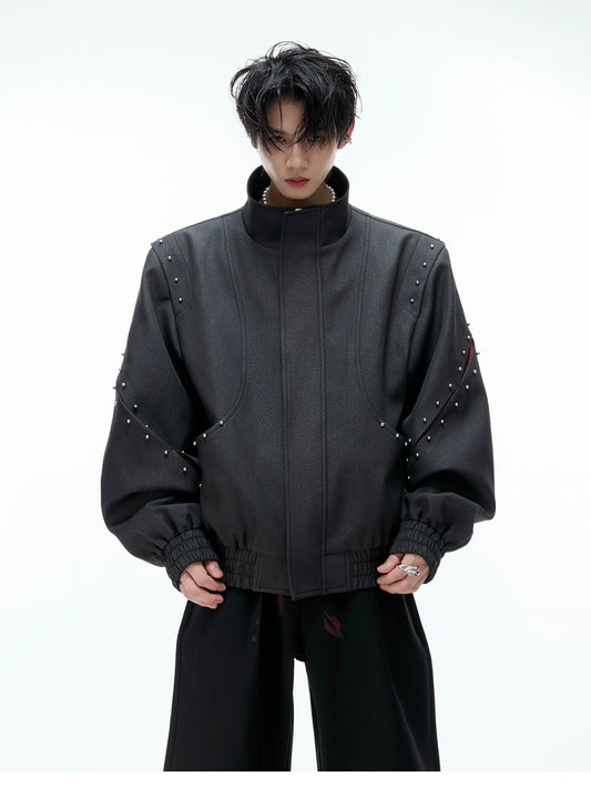 【25s Aug.】Deconstructed Colorblock Stand Collar Rivet Loose-Fit Jacket