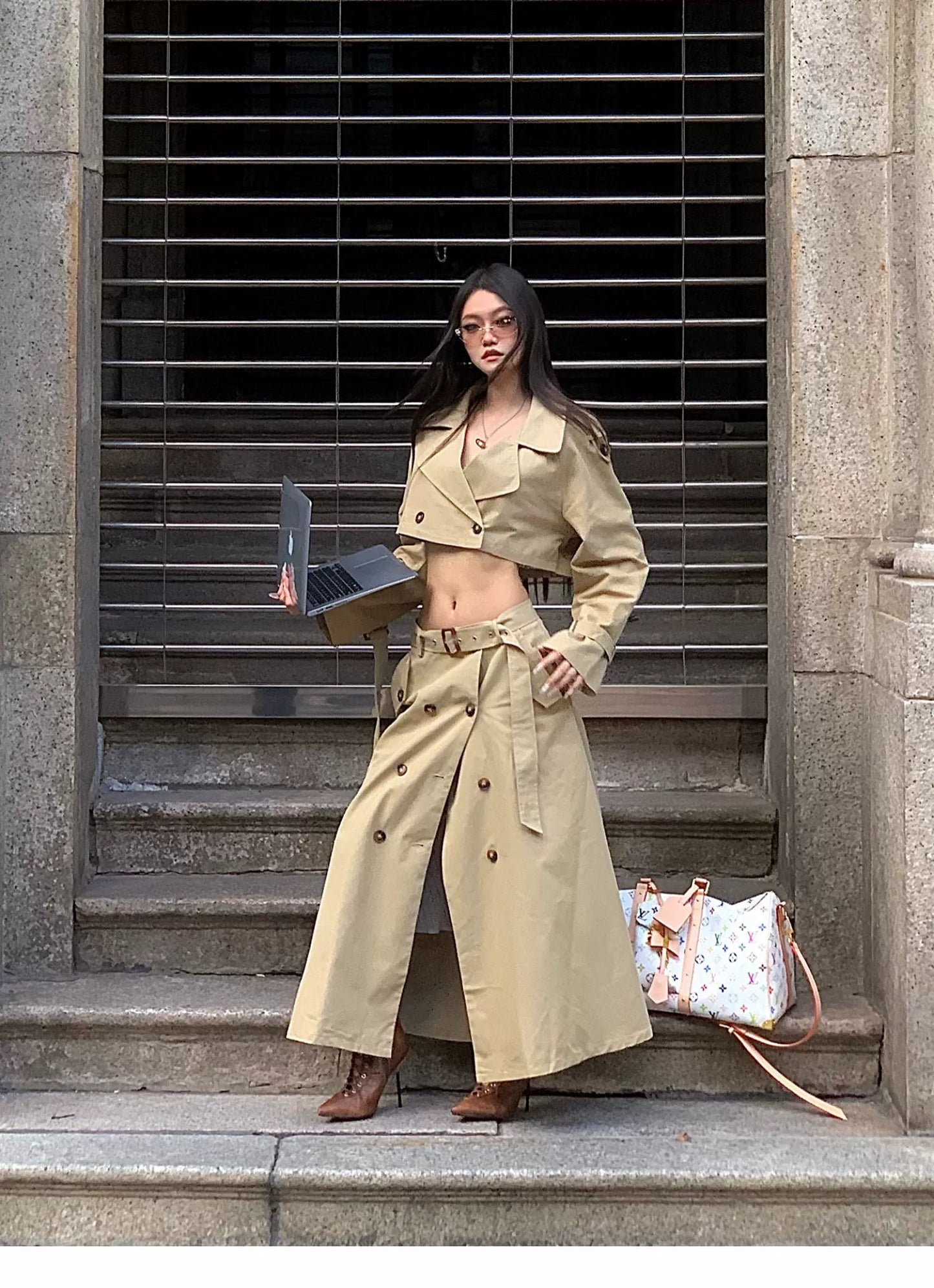 Elegant Khaki Short Trench Coat + Skirt Set