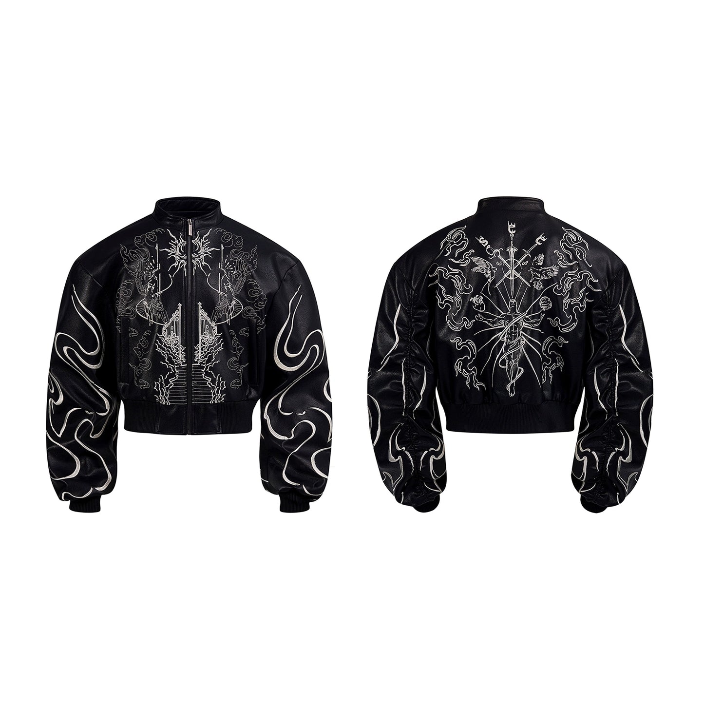 【25s Sep.】Cropped Stand Collar Biker Jacket with Embroidery