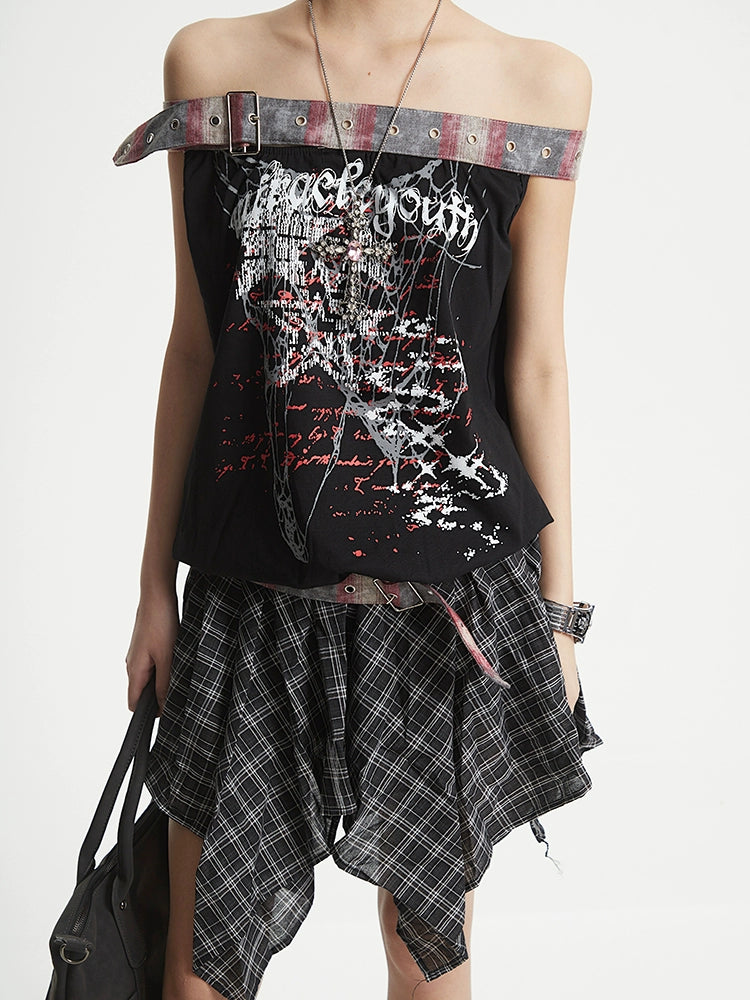 【25s Aug.】Plaid Patchwork Off-Shoulder Crop Top