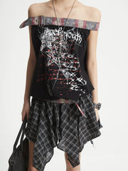 【25s Aug.】Plaid Patchwork Off-Shoulder Crop Top