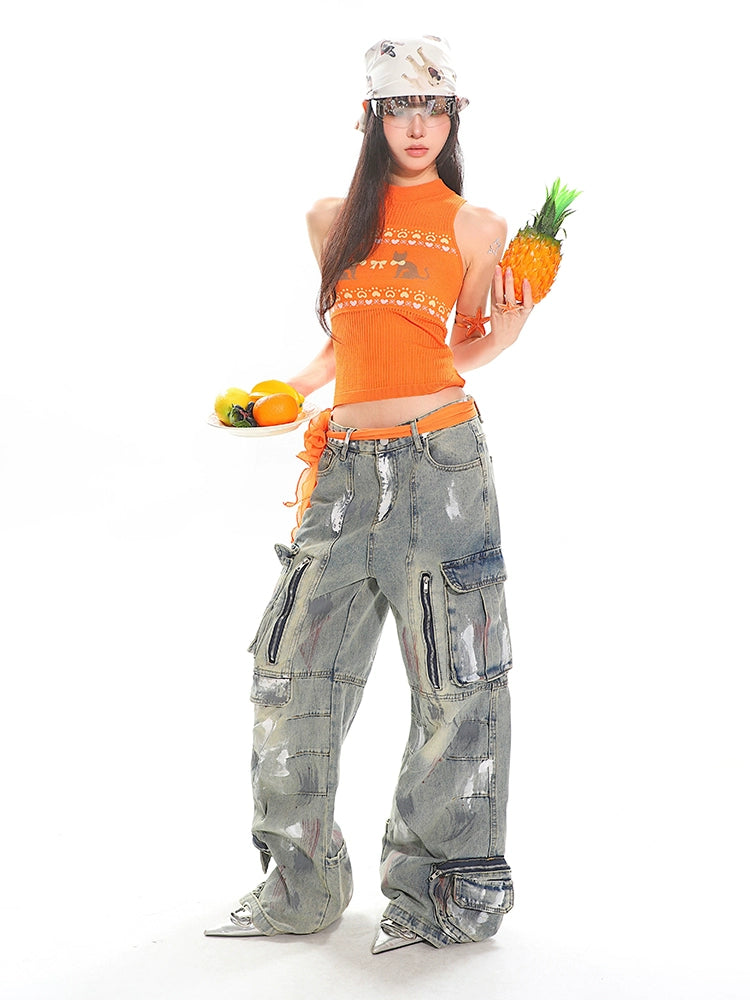 【25s May.】Washed Graffiti Pocket Denim Trousers