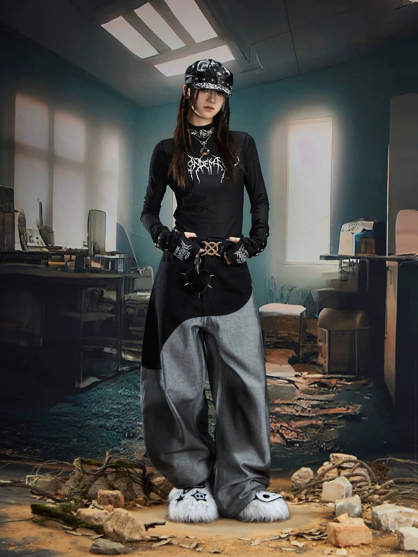 【25s Aug.】Patchwork Spray-Paint Contrast Wide-Leg Scimitar Jeans