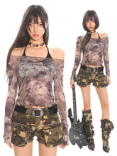 【25s Apr.】Tie-Dye Mesh Hot Diamond Letter Off-Shoulder T-Shirt