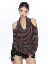 【26s May】Cross Stripe Halter Draped Long Sleeve Top