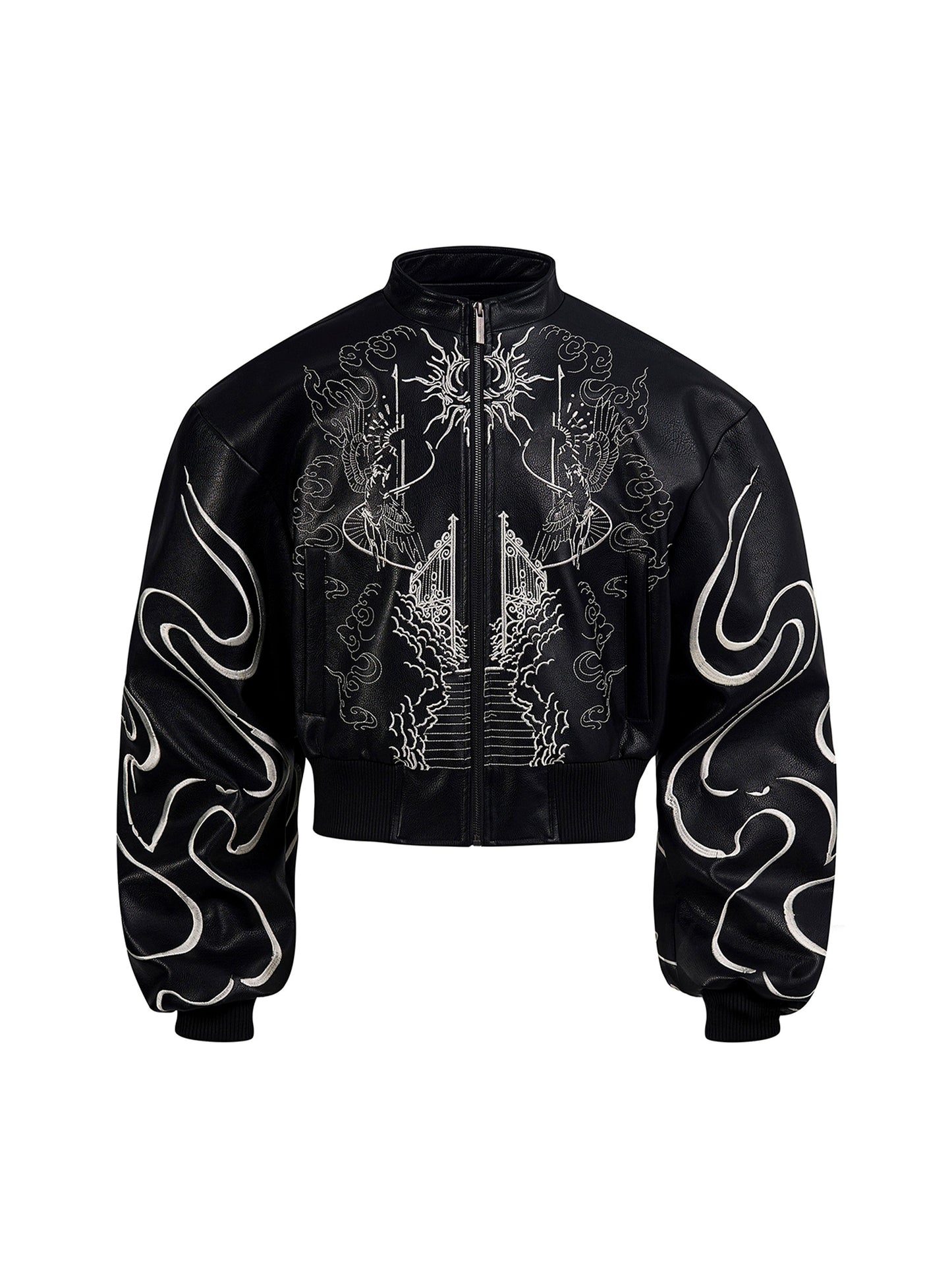 【25s Sep.】Cropped Stand Collar Biker Jacket with Embroidery