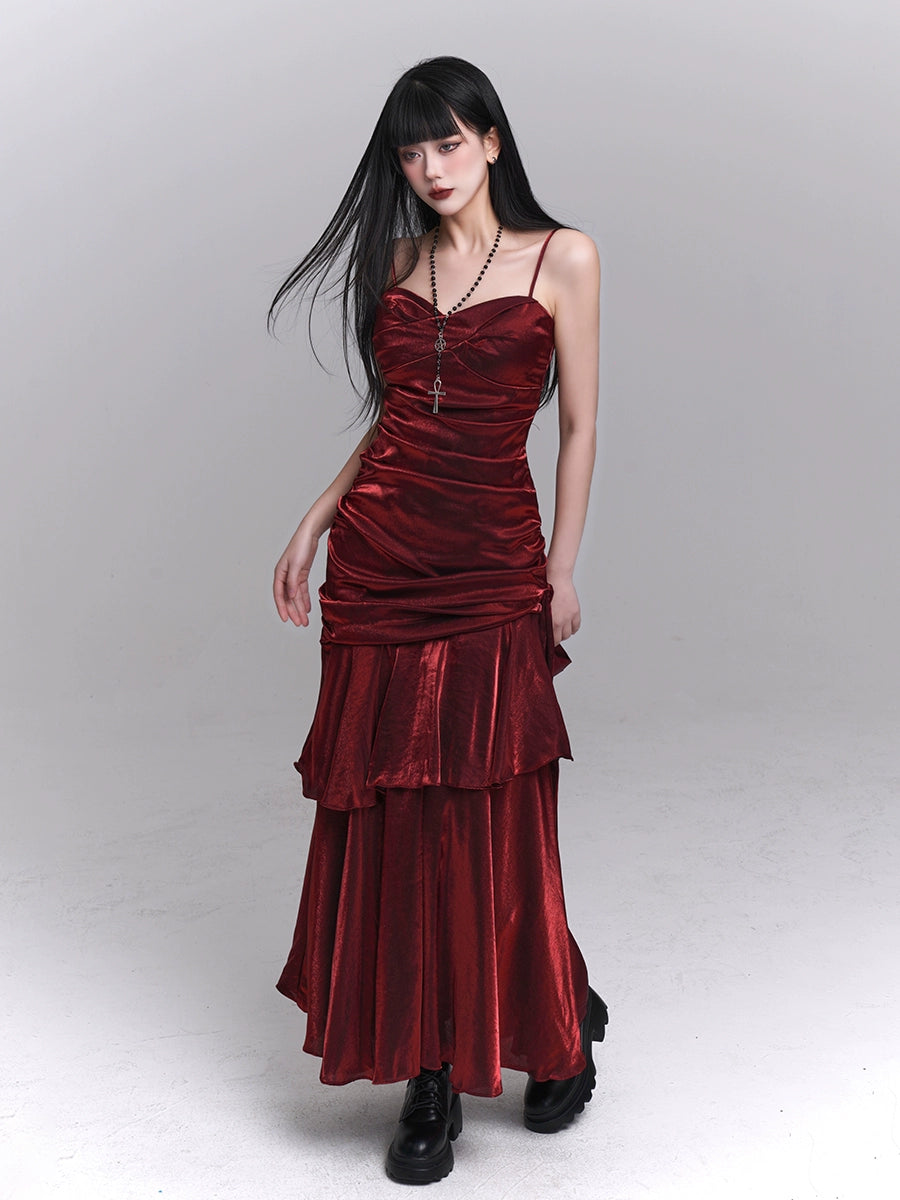 【25s Jul.】Dark Red Strap Evening Dress