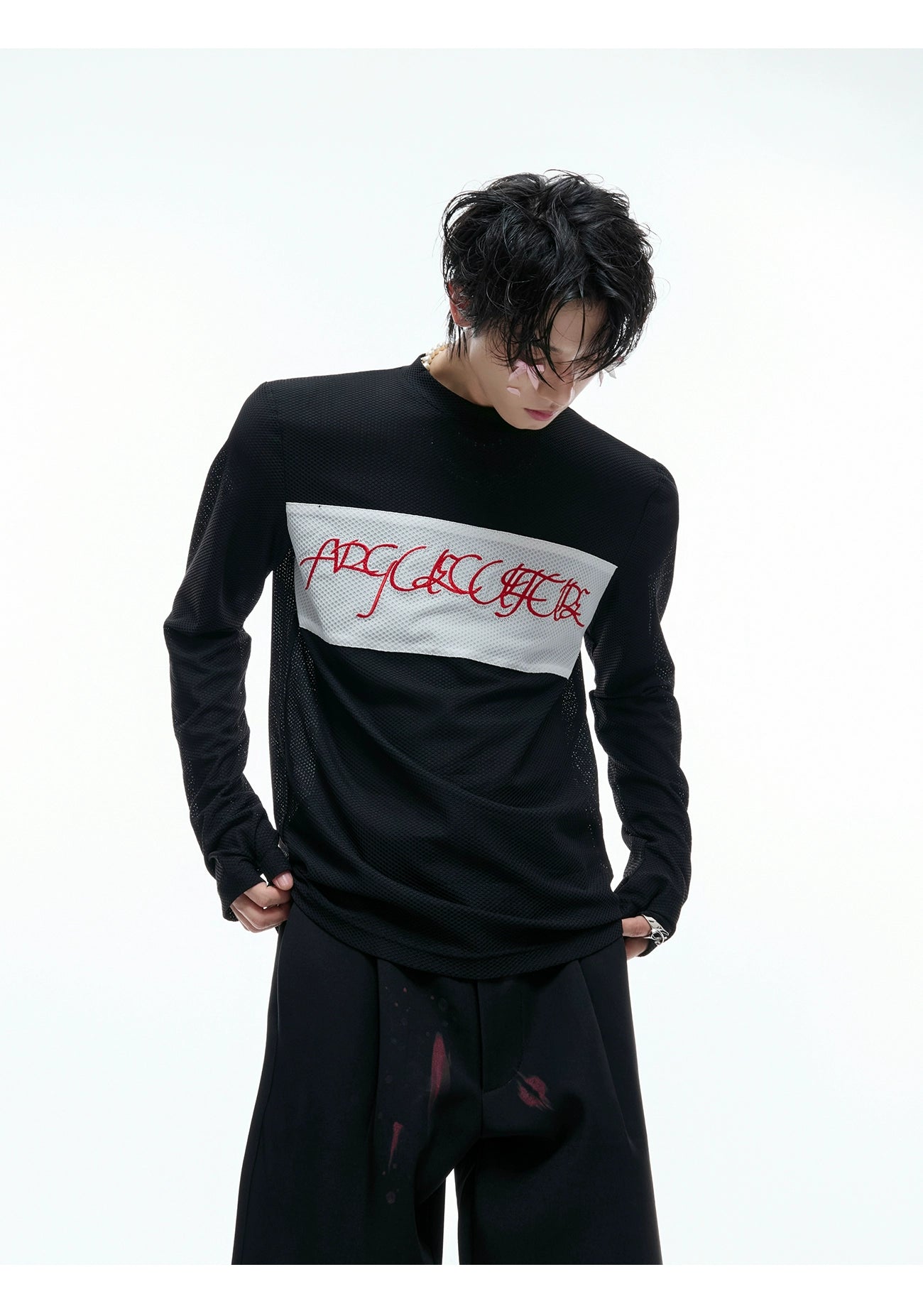 【25s Aug.】Mesh Elastic Slim Fit Embroidered Bottoming Shirt