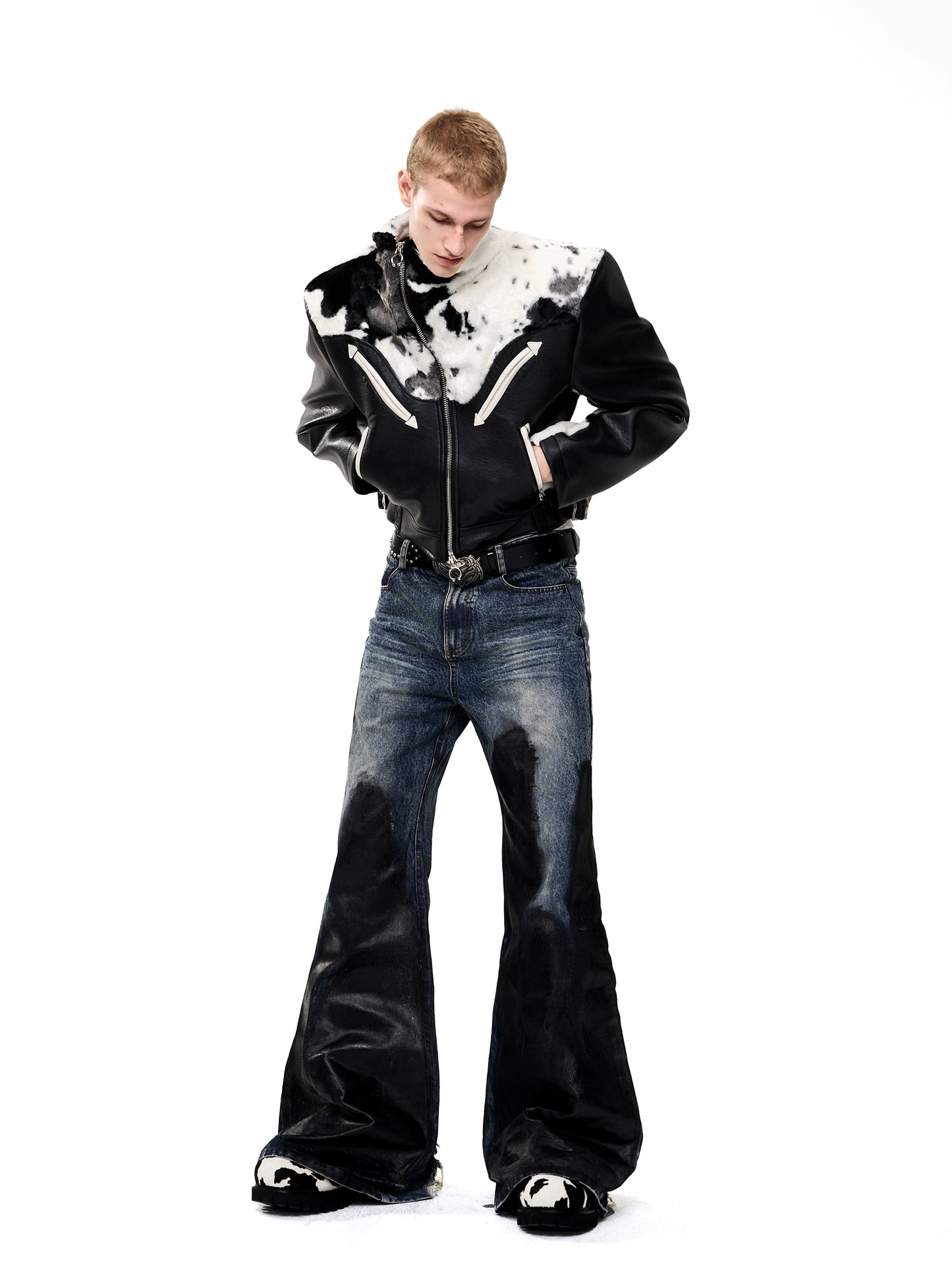 Cow Print Diagonal Zipper Plush Patchwork Leather Jacket