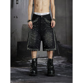 Distressed Studded Denim Cropped Shorts