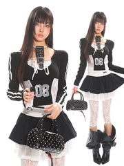 【25s Apr.】Lace Stitching Tie T-shirt + Short Skirt Set