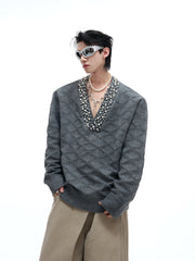 【25s Sep.】Diamond-embellished Diamond-patterned V-neck Sweater
