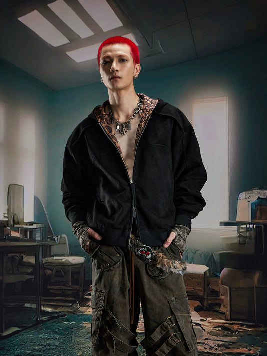 【25s Sep.】Leopard Print Paneled Double Zip Hooded Sweatshirt