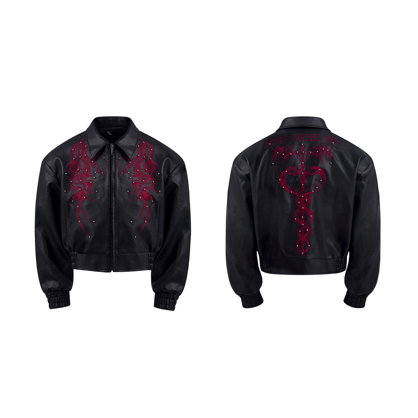 【25s Sep.】Cropped Faux Leather Jacket with Thorn Embroidery