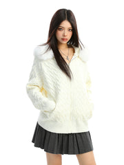 【25s Dec.】Detachable Fur Collar Cable Knit Hooded Sweater