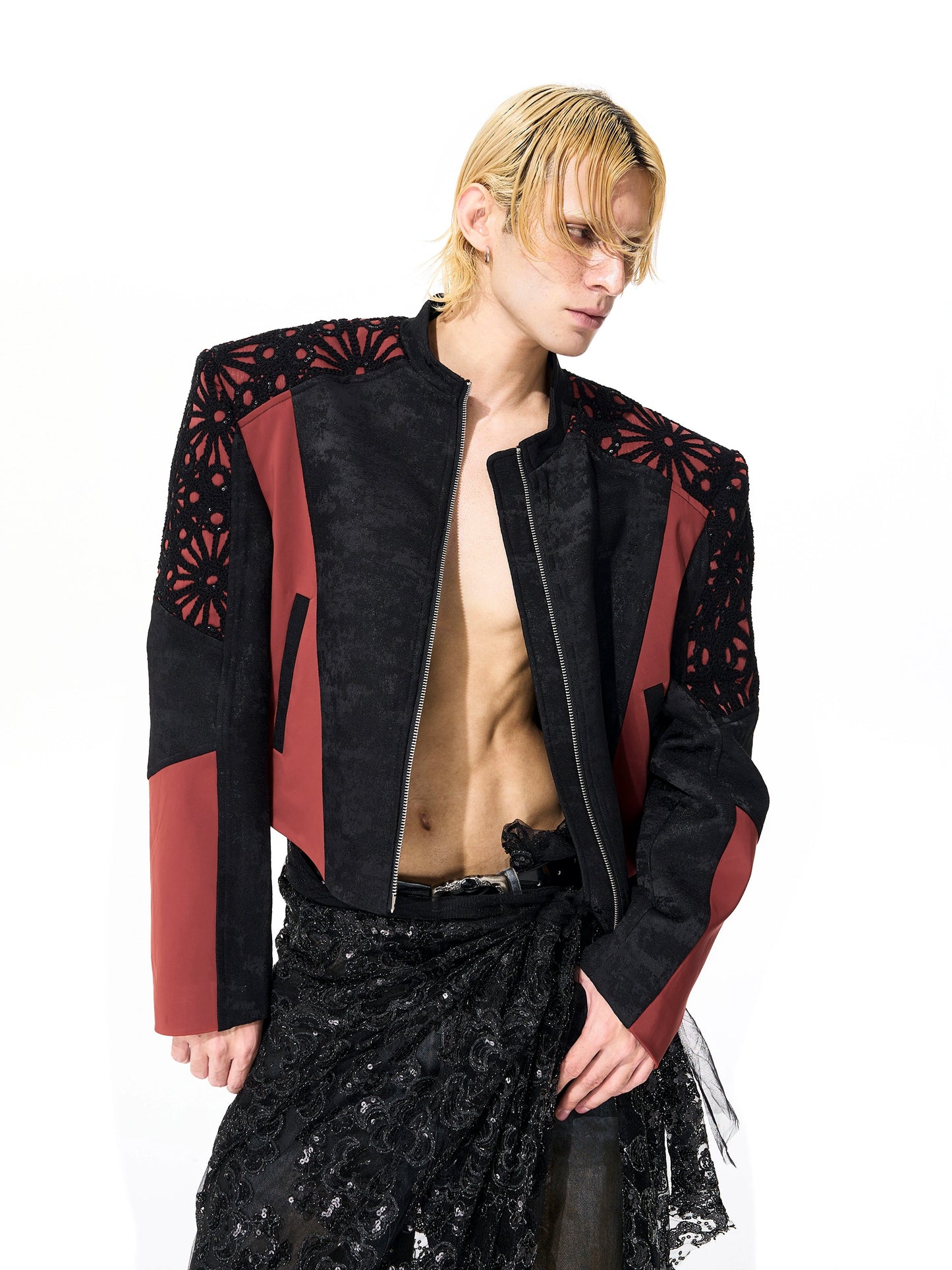 Floral Embroidered Cropped Leather Jacket