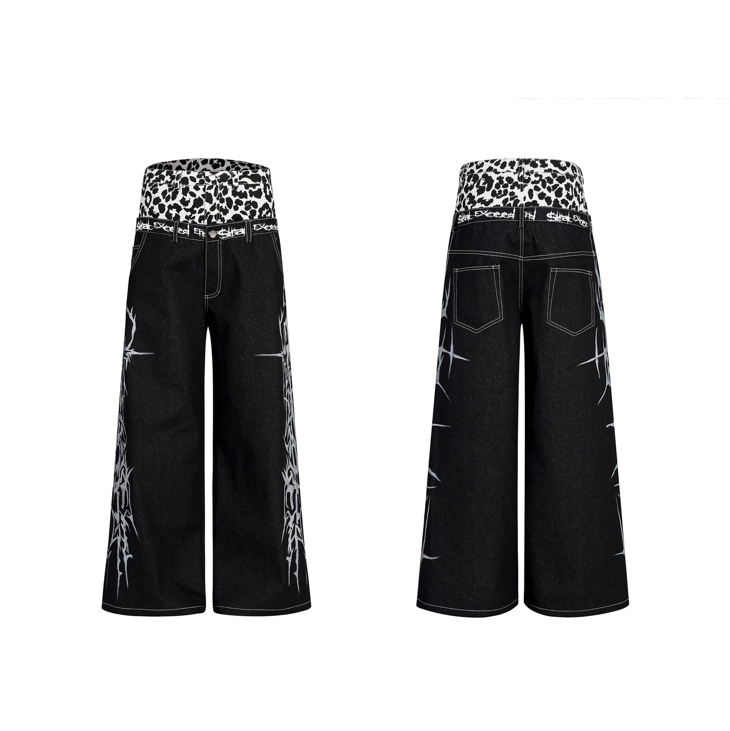 Hand-painted Thorn Leopard Print Double Waistband Jeans