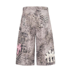 Cross Studded PU Patch Denim Shorts