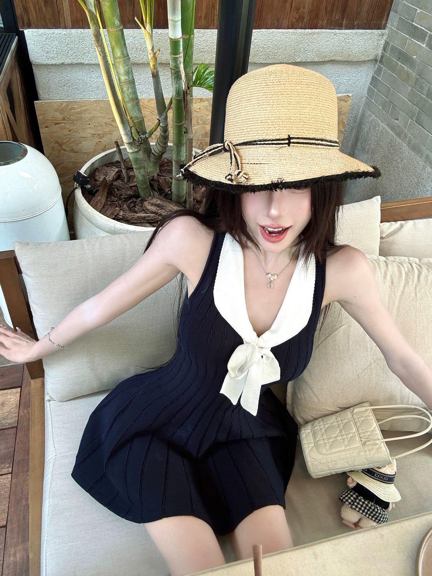 【25s Aug.】Sleeveless Knitted Dress with Waist Bow