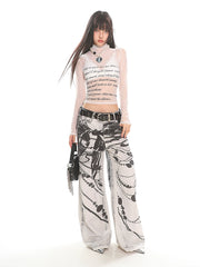 【25s Jul.】See-through Mesh Letter Print Long Sleeve Top