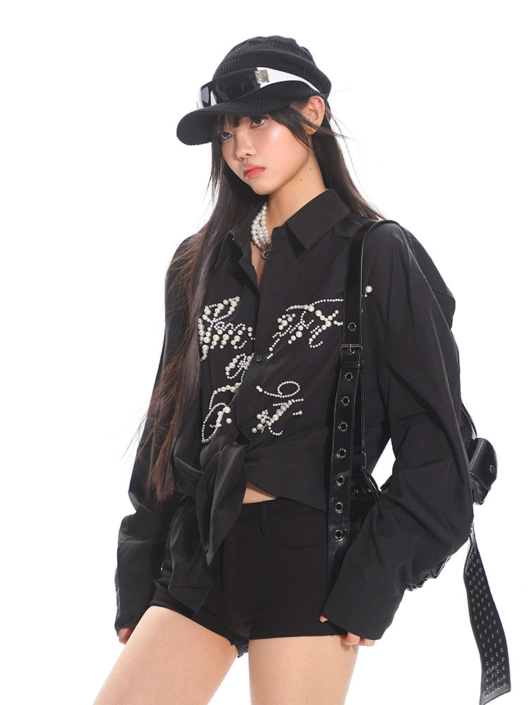 【25 Apr.】Heavy Industry Pearl Beading Lettering Loose Shirt