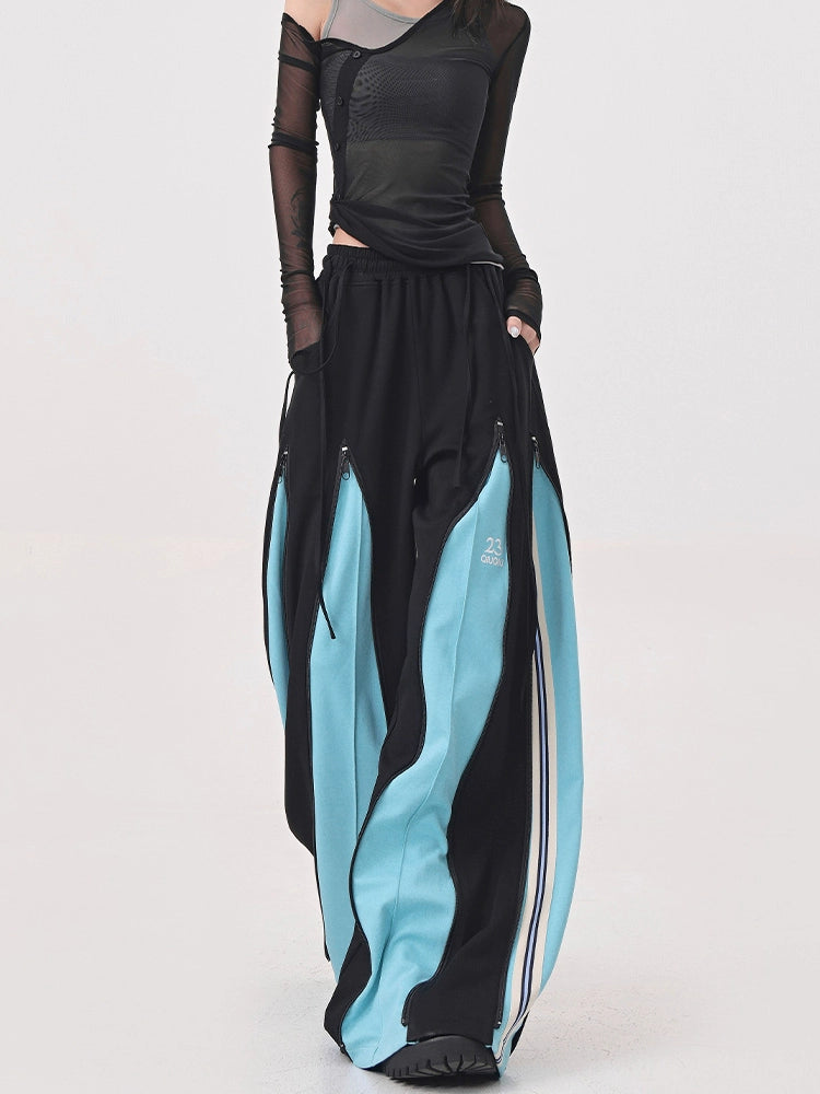 【25s Jul.】Blue Vintage Patchwork Sporty Wide-Leg Trousers