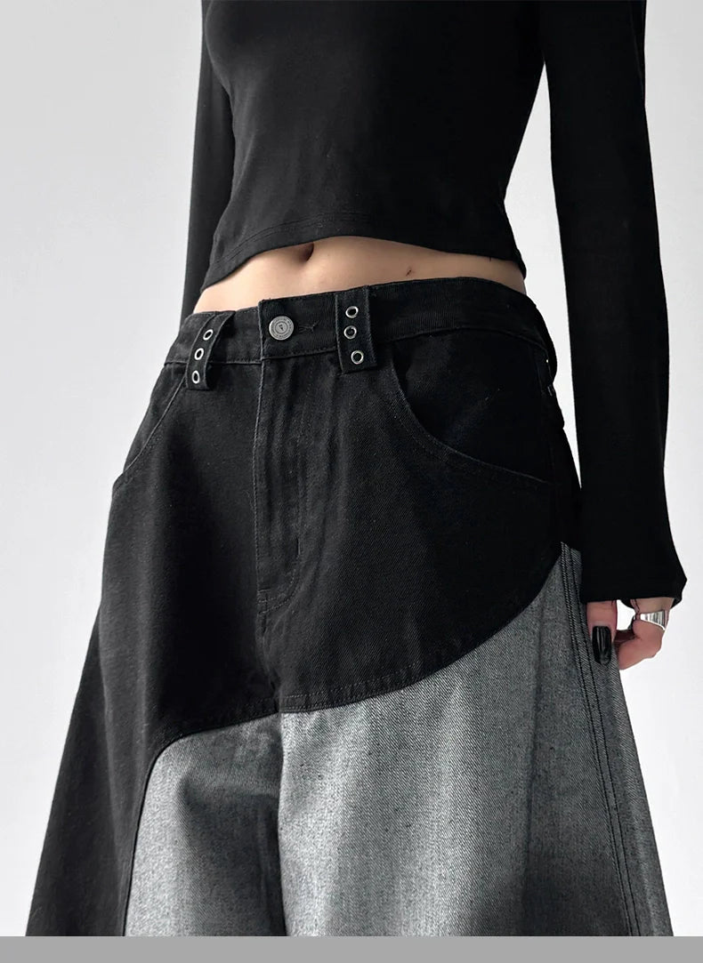 【25s Aug.】Patchwork Spray-Paint Contrast Wide-Leg Scimitar Jeans