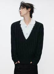 Double Collar Contrast Ribbed Wool Sweater