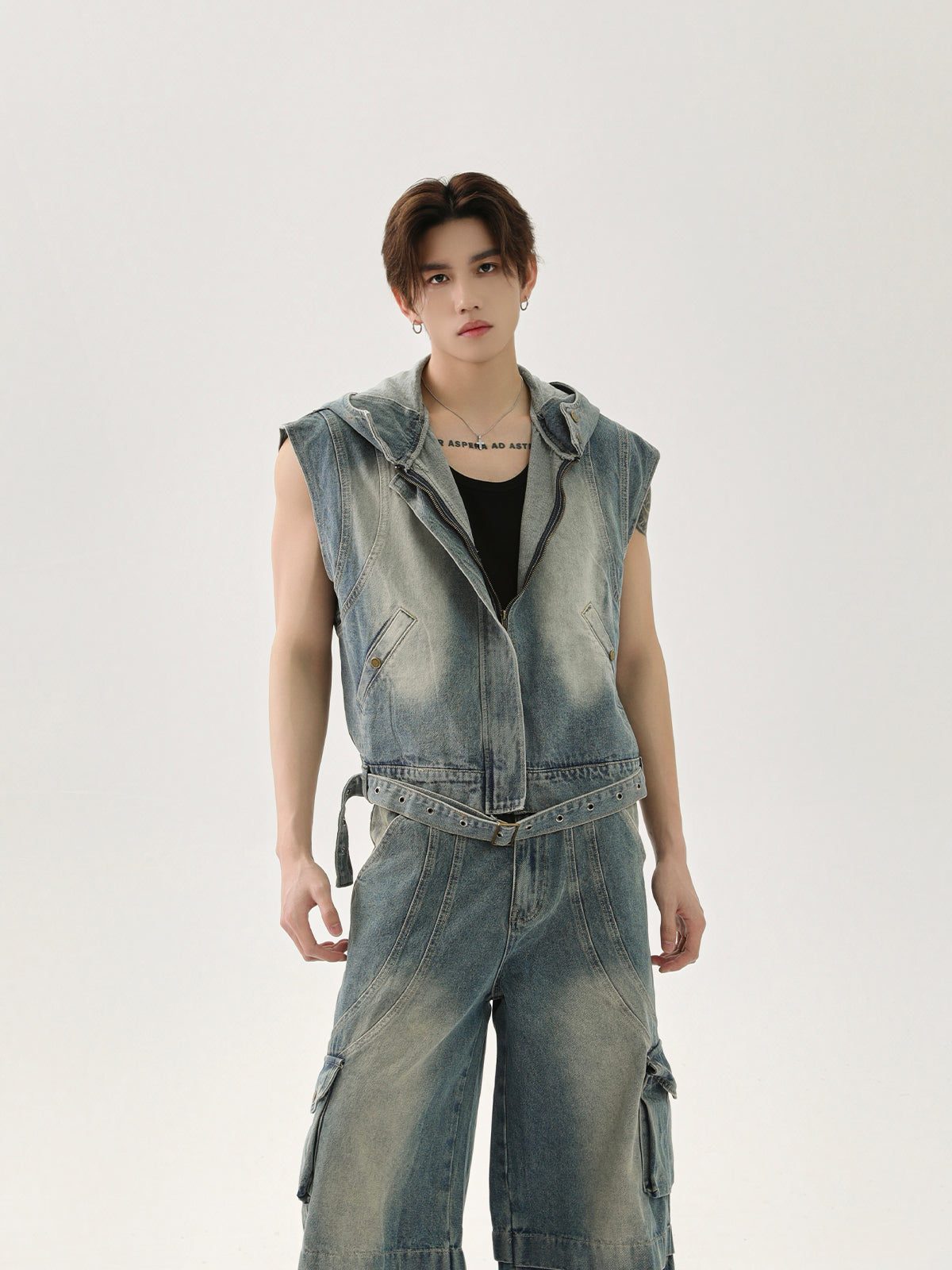 【25s Apr.】Vintage Distressed Denim Vest Vest Patchwork Trousers Casual Suit