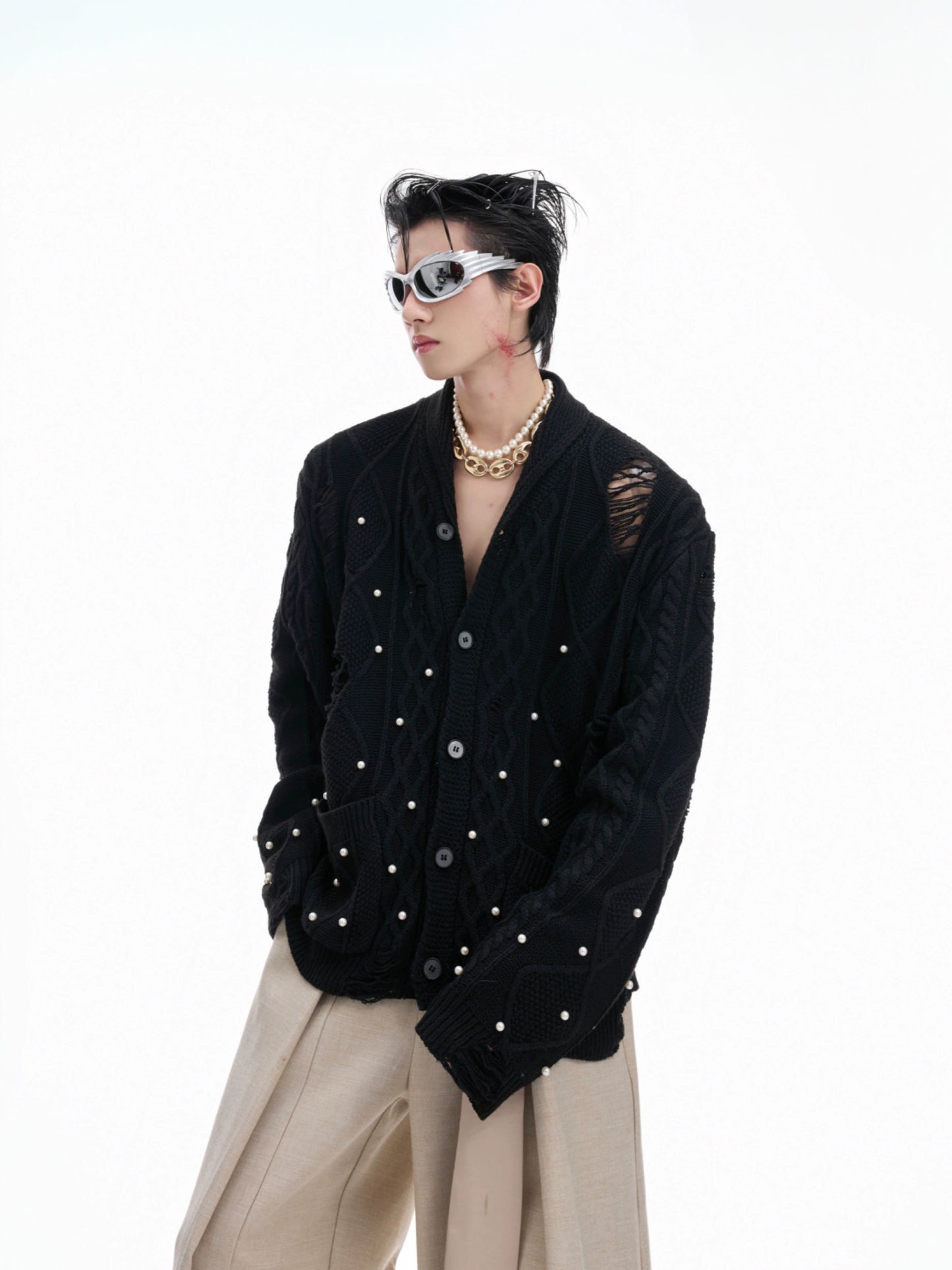 【25s Aug.】Pearl Detail Knit Hollow-Out Cardigan